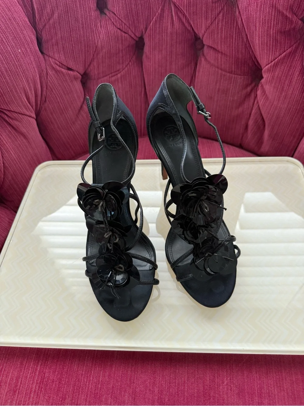 Tory Burch Black Strappy Floral Embellished High Heel Sandals